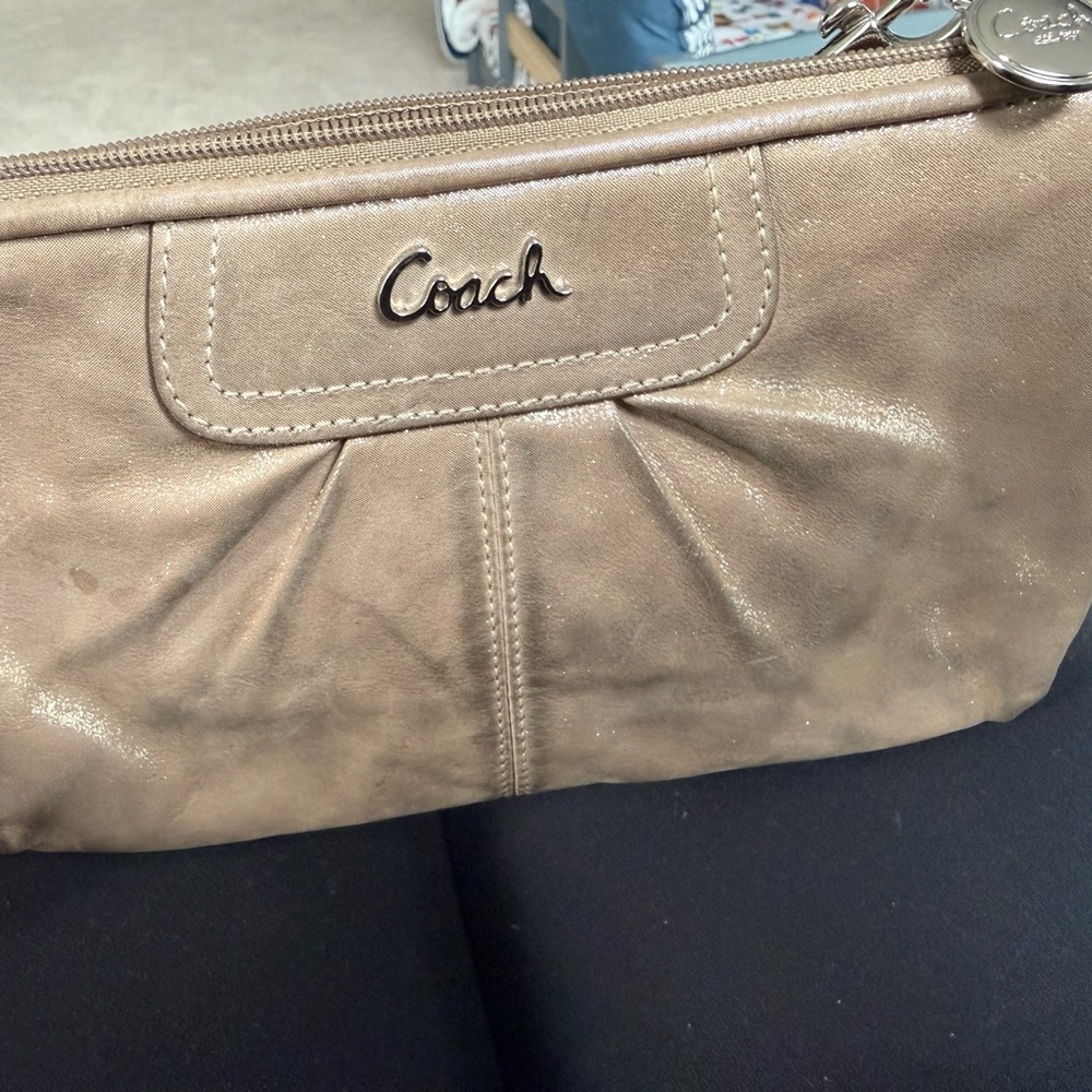 Coach Metallic Taupe Leather Clutch Wristlet - Taupe